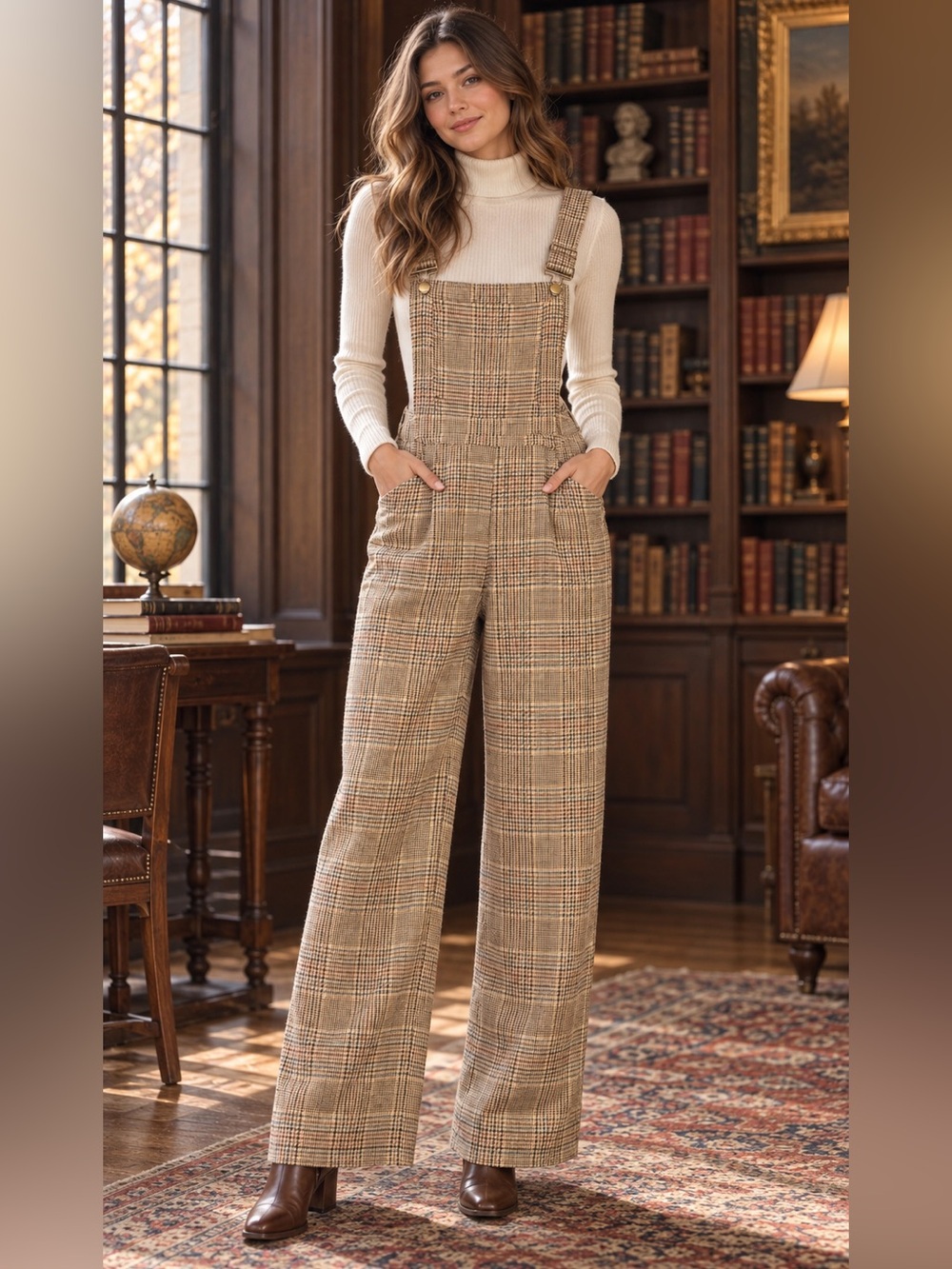 Cider XS Camel Plaid Wide Leg Overalls Jumpsuit Dark Academia